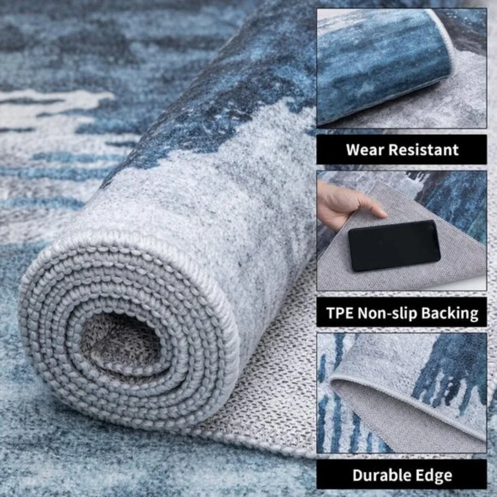 5x7 Modern Abstract Area Rug, Washable, Non-Slip, Low-Pile Carpet in Navy & Grey